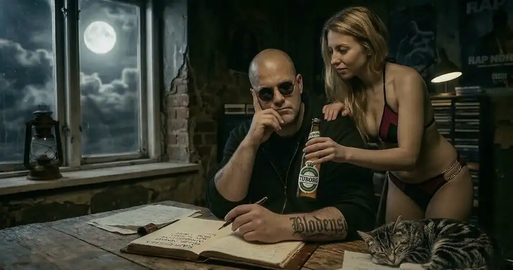 Mista Marco skriver tekster og får en tuborg af sin elskerinde